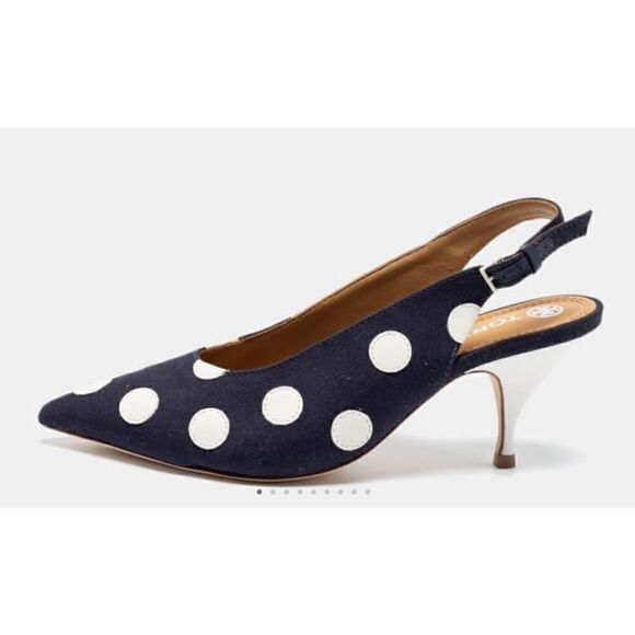 Tory Burch Navy Blue/White Polka Dot Canvas and Leather Spencer Slingback Pumps - Picture 2 of 10